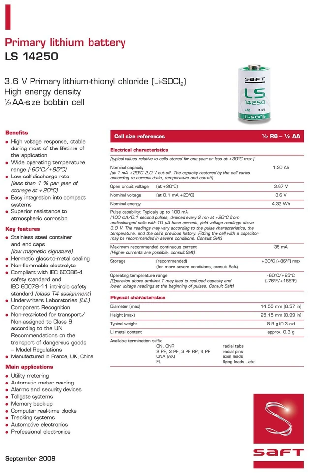 SAFT LS14250CNA ličio akumuliatorius su 3,6 V 1200 mAh Li-SOCl2 1/2AA laidu, ER14250S, SL-350, SL-750, XL-050FL, TL-4902, TL-5902
