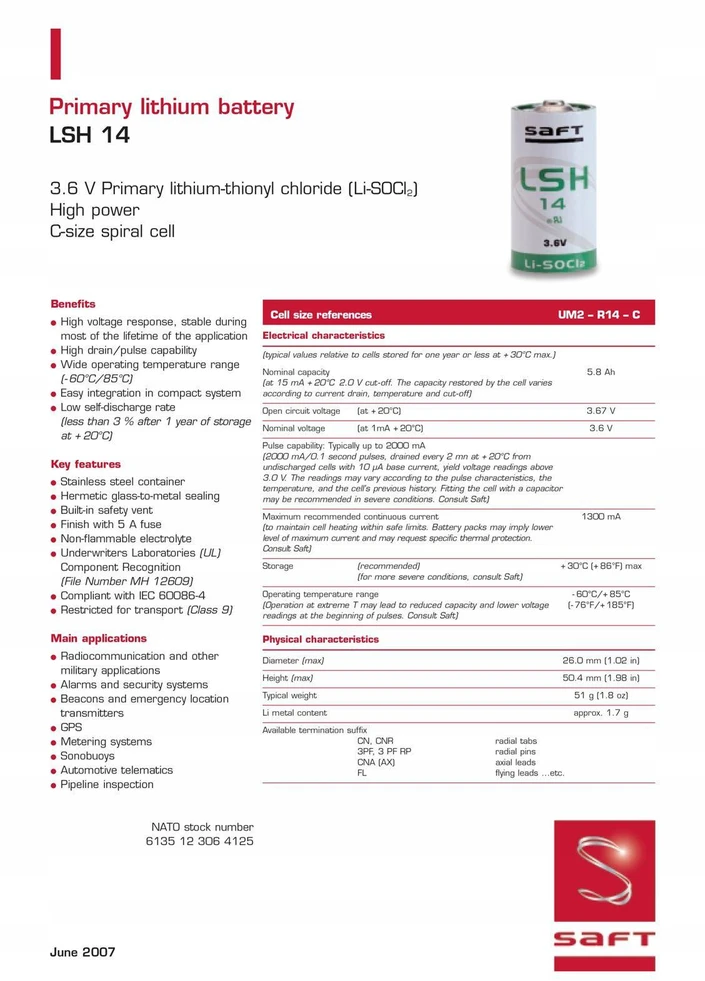 Saft LSH14CNA 3,6 V LiSOCl2 C dydžio didelės srovės ličio akumuliatorius su laidu
