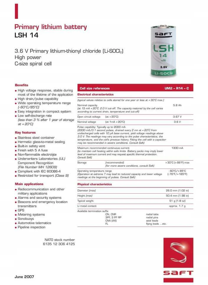 Saft LSH14CNA 3,6 V LiSOCl2 C dydžio didelės srovės ličio akumuliatorius su laidu