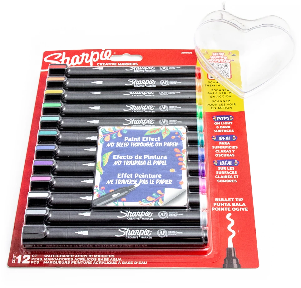 Sharpie 12 spalvų akrilinių žymeklių rinkinys su širdele, skirtas spalvinti