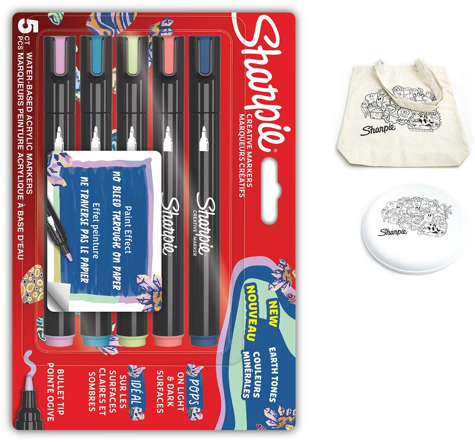 „Sharpie“ akriliniai žymekliai, žemės spalvų, 5 vnt. + priedai: knygų žymeklis, maišelis, raktų pakabukas