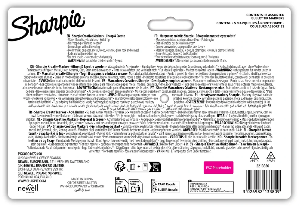 „Sharpie“ akriliniai žymekliai, žemės spalvų, 5 vnt. + priedai: knygų žymeklis, maišelis, raktų pakabukas