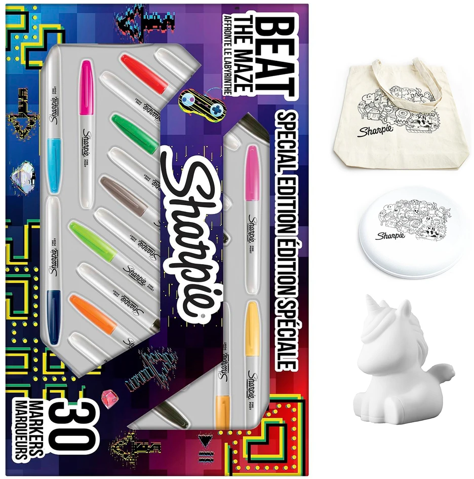 „Sharpie Fine“ žymeklių rinkinys, 30 spalvų – „Labirintas“ + dovanėlės: taupyklė, „Frisbee“ ir maišelis