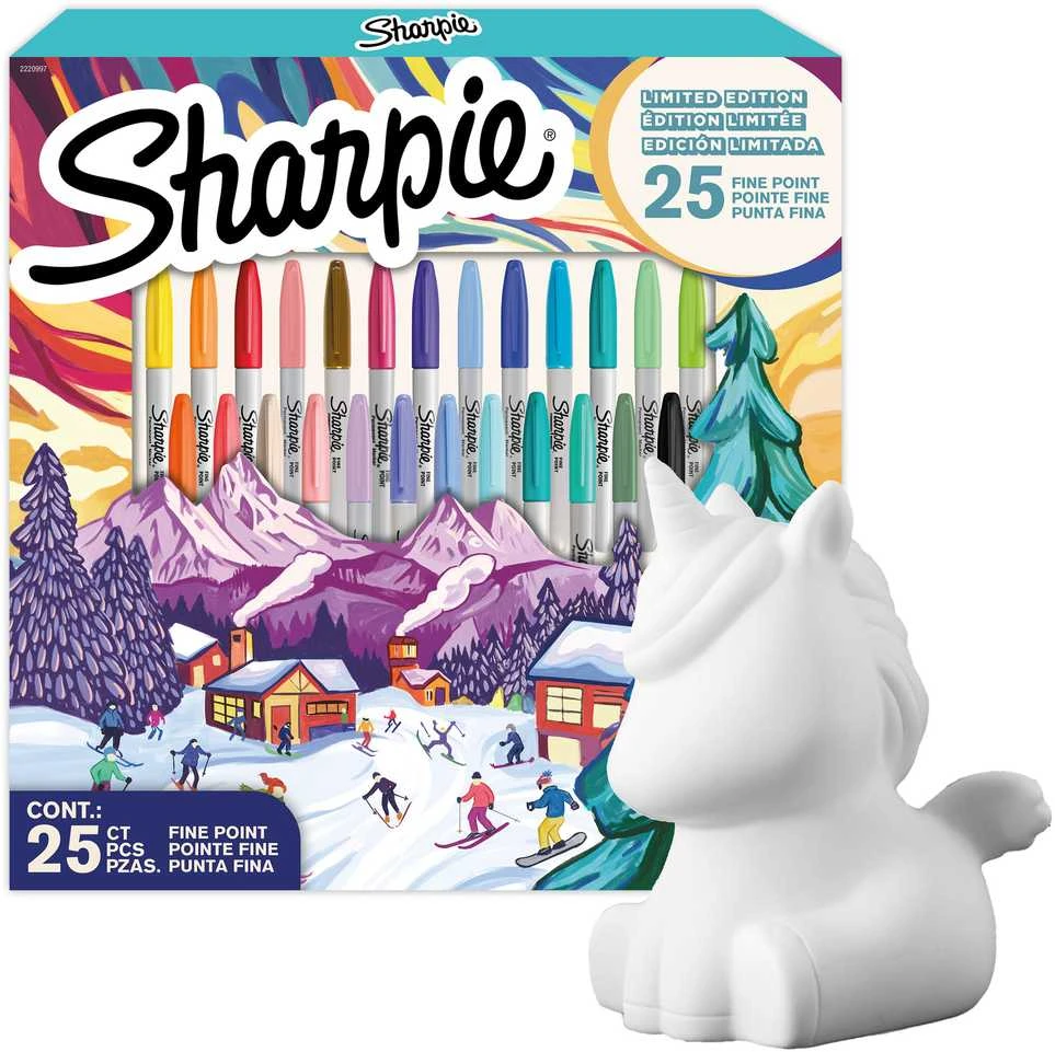 Sharpie smulkūs mišrių spalvų permanentiniai žymekliai 25 vnt. SPECIALUS ŠVENTINIS EDICIONAS 2025 + Pinigų dėžutė Vienaragis