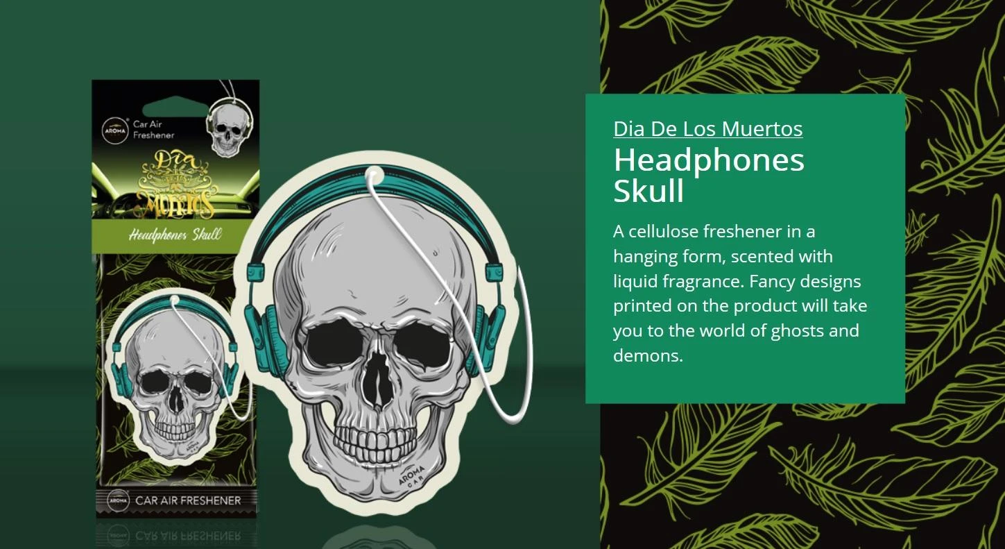 Aroma Car Stilingas oro gaiviklis Aroma Dia De Los Muertos Headphones Skull