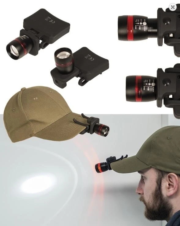 Mil-Tec LED žibintuvėlis ant kepurės CREE M.ZOOM, Juodas