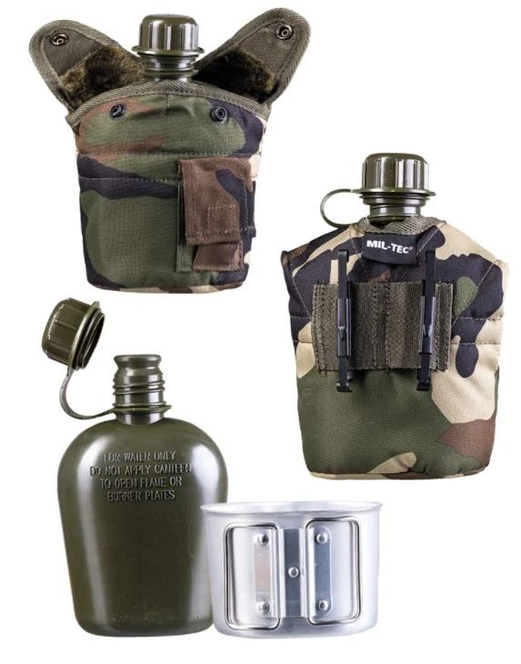 Mil-Tec Plastikinė gertuvė su aliuminio puodeliu ir dėklu, WOODLAND