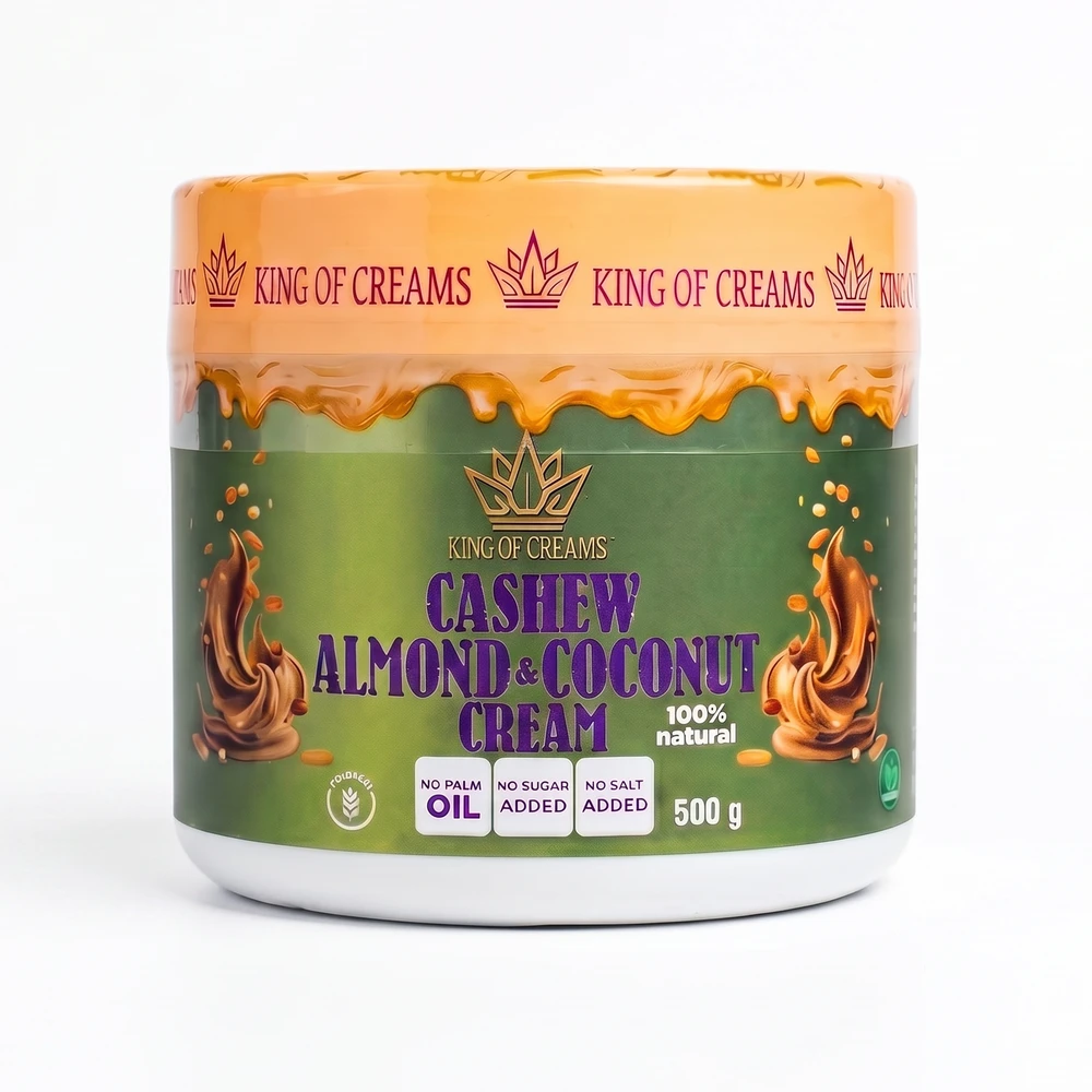 King of Creams Anakardžių ir migdolų kremas su kokoso drožlėmis (500g)