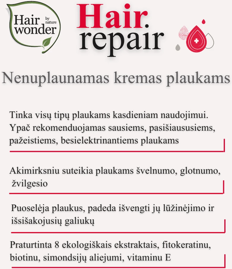 HAIRWONDER Hair Repair nenuplaunamas plaukų kremas, 100 ml