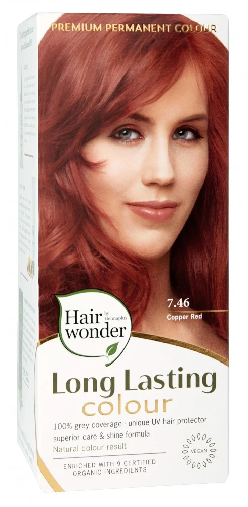 Henna Plus Hairwonder ilgalaikiai plaukų dažai su 9 ekologiškais augaliniais ekstraktais, spalva vario raudona 7.46