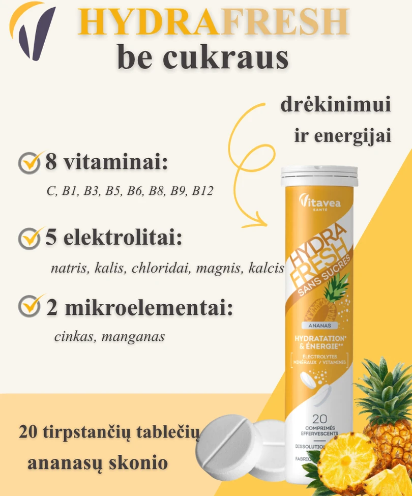 Vitavea HYDRAFRESH be cukraus ananasų skonio, 20 tirpstančių tablečių
