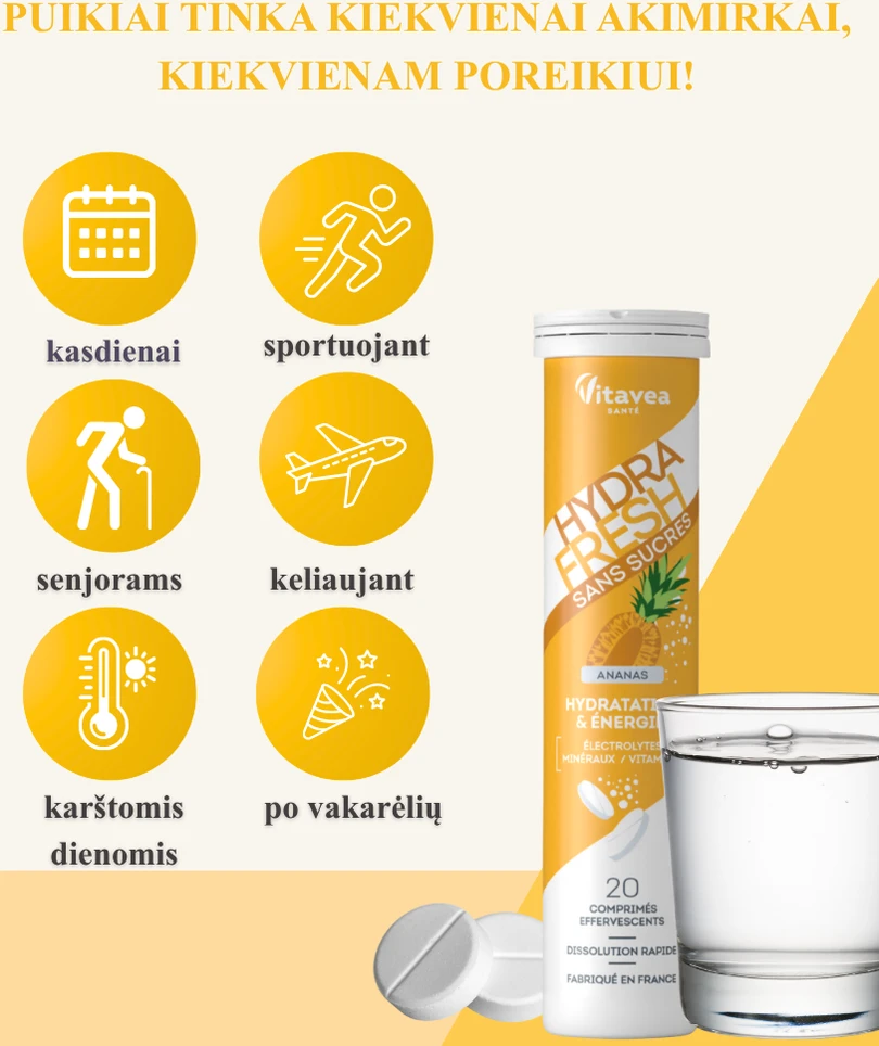 Vitavea HYDRAFRESH be cukraus ananasų skonio, 20 tirpstančių tablečių