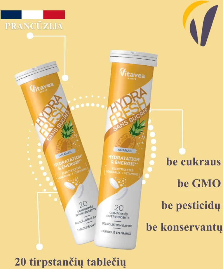 Vitavea HYDRAFRESH be cukraus ananasų skonio, 20 tirpstančių tablečių