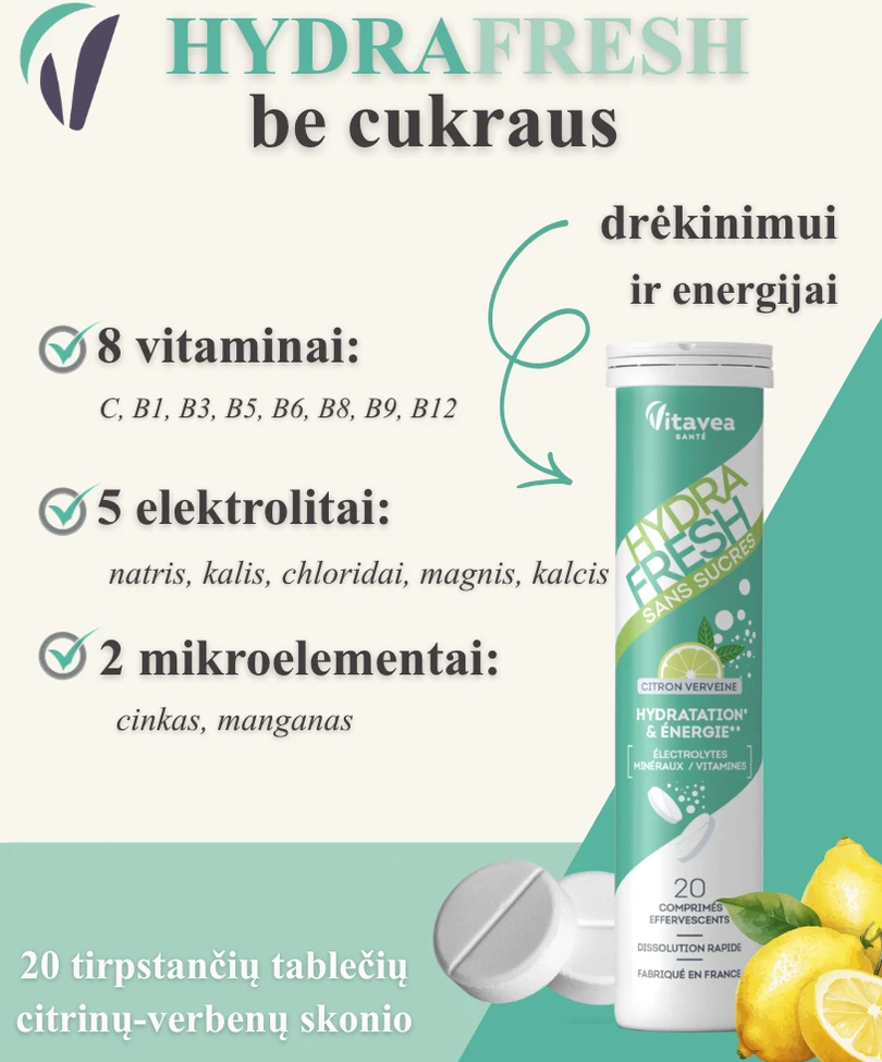 Vitavea HYDRAFRESH be cukraus citrinų-verbenų skonio, 20 tirpstančių tablečių
