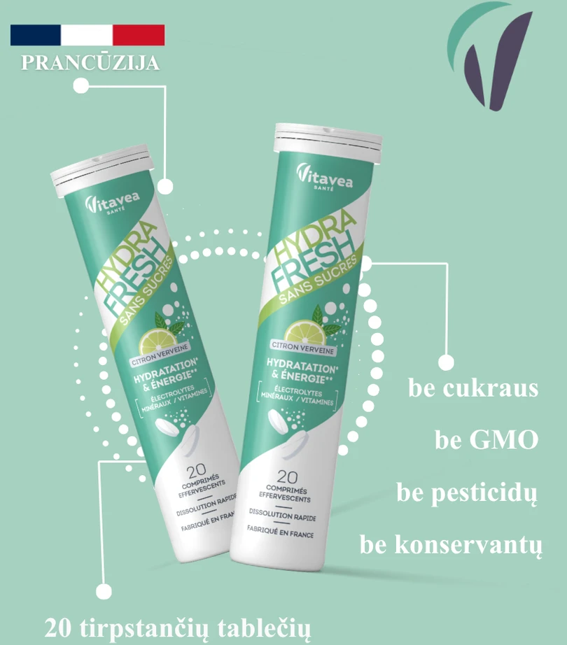 Vitavea HYDRAFRESH be cukraus citrinų-verbenų skonio, 20 tirpstančių tablečių