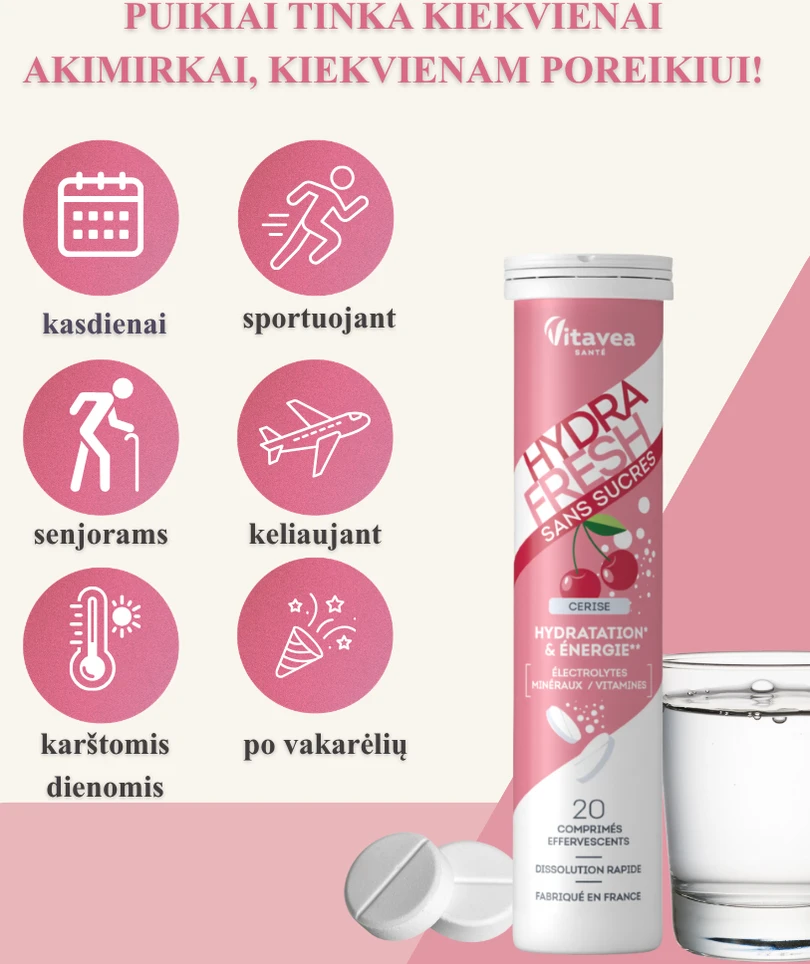 Vitavea HYDRAFRESH be cukraus vyšnių skonio, 20 tirpstančių tablečių
