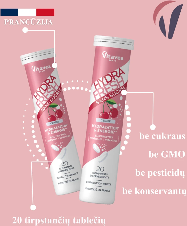 Vitavea HYDRAFRESH be cukraus vyšnių skonio, 20 tirpstančių tablečių