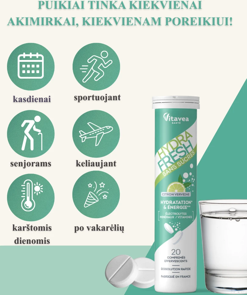 Vitavea HYDRAFRESH be cukraus citrinų-verbenų skonio, 20 tirpstančių tablečių