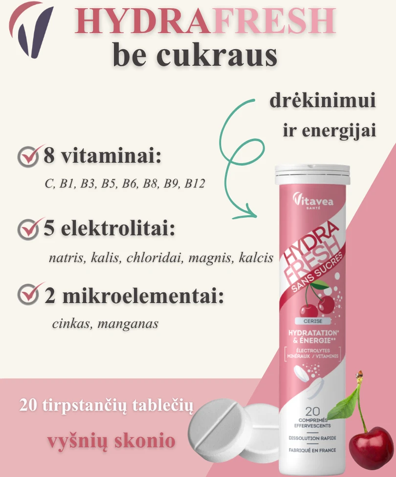 Vitavea HYDRAFRESH be cukraus vyšnių skonio, 20 tirpstančių tablečių