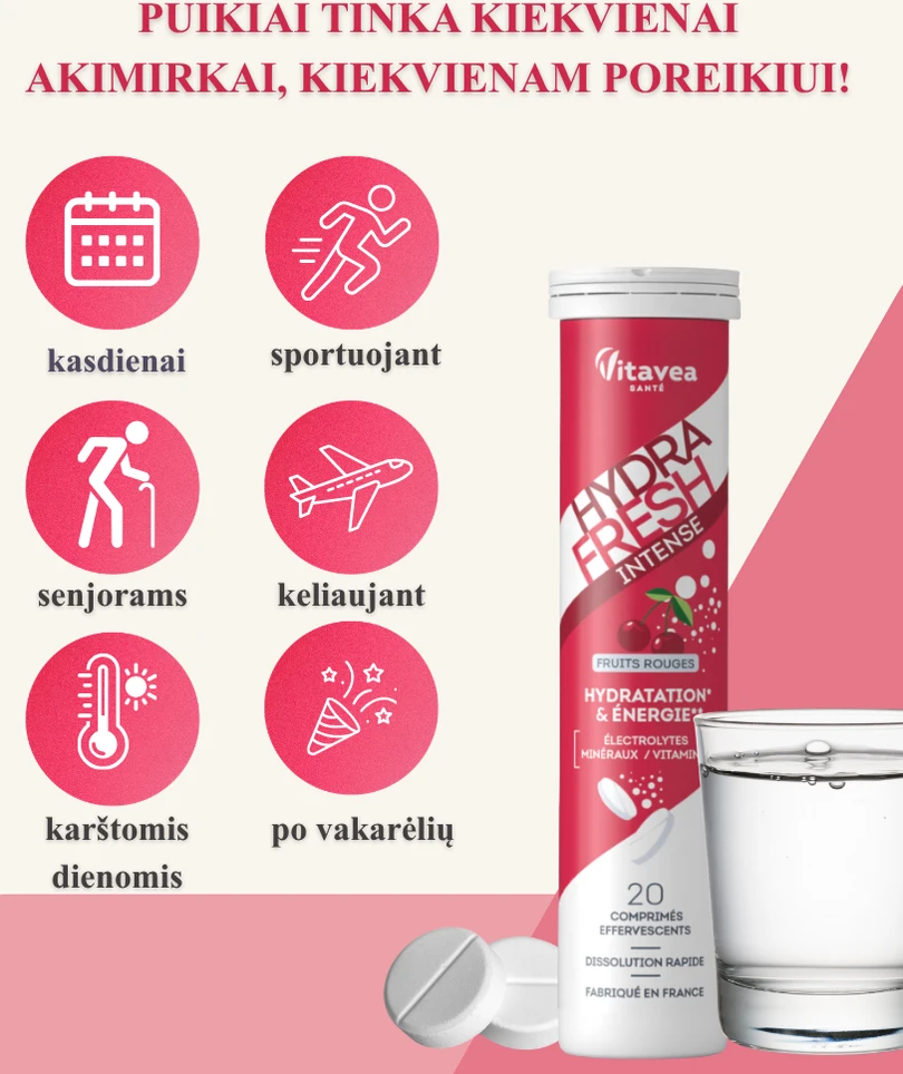 Vitavea HYDRAFRESH Intense raudonųjų vaisių skonio, 20 tirpstančių tablečių
