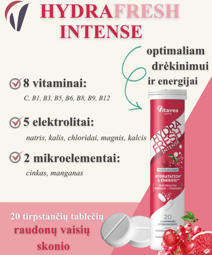 Vitavea HYDRAFRESH Intense raudonųjų vaisių skonio, 20 tirpstančių tablečių