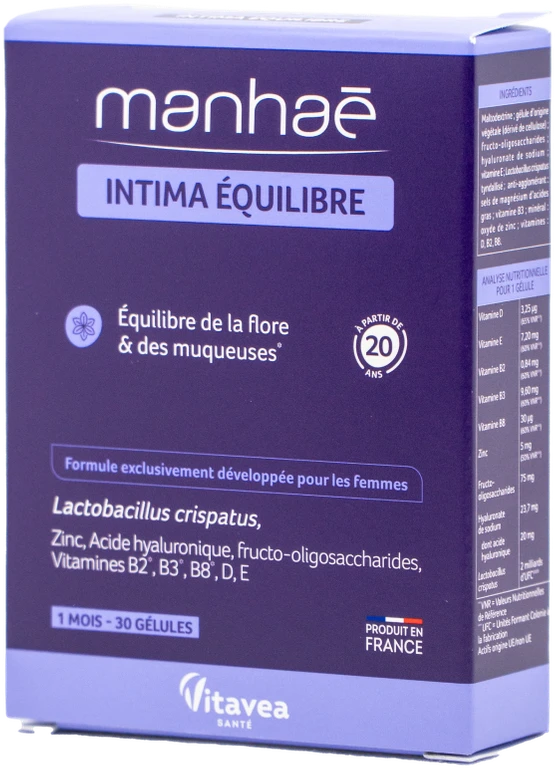 Vitavea Manhaé Intima Equilibre makšties mikrofloros ir gleivinės balansui, 30 augalinės kilmės kapsulių