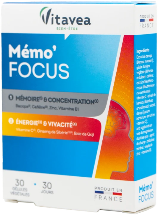 VITAVEA Memo'Focus atminčiai ir energijai, 30 augalinės kilmės kapsulių