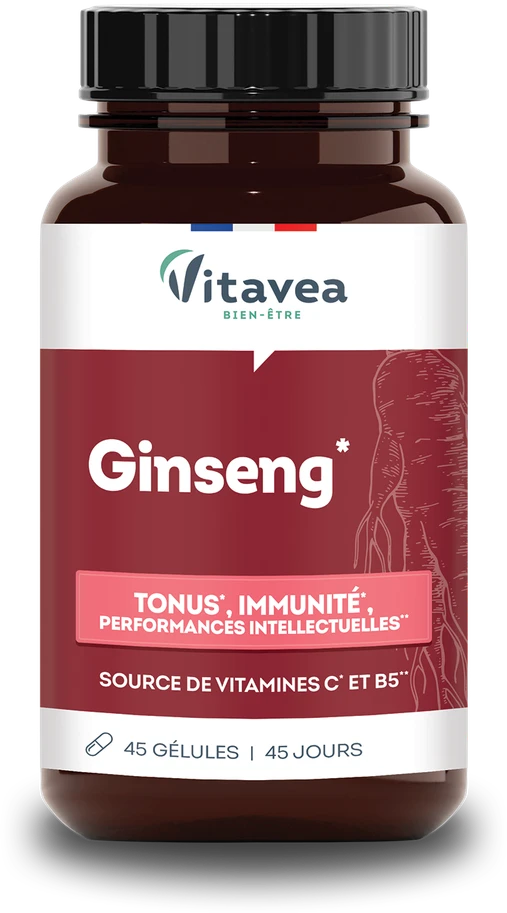 VITAVEA Tonifiant ženšenis ir vitaminai organizmo tonusui, 45 augalinės kilmės kapsulės