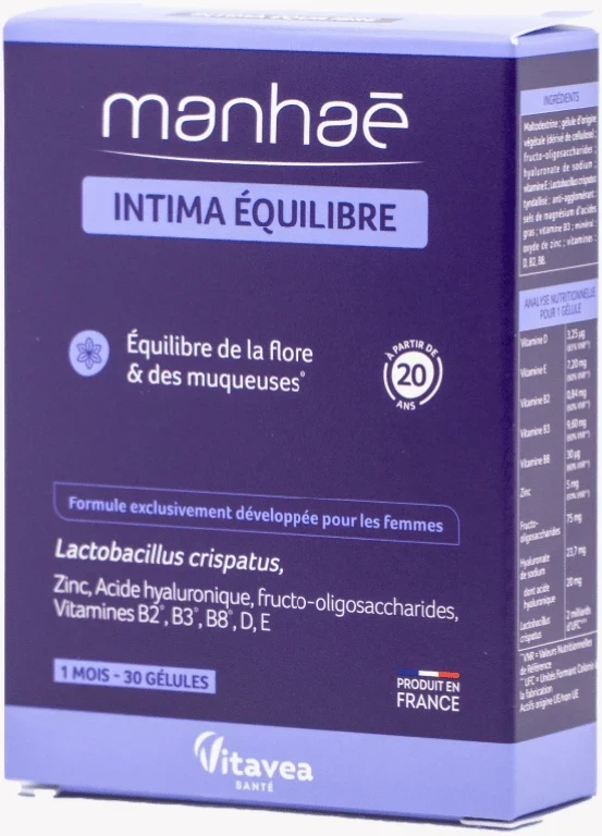 VITAVEA Manhaé Intima Equilibre makšties mikrofloros ir gleivinės balansui, 30 augalinės kilmės kapsulių