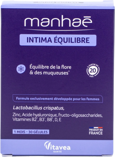 VITAVEA Manhaé Intima Equilibre makšties mikrofloros ir gleivinės balansui, 30 augalinės kilmės kapsulių