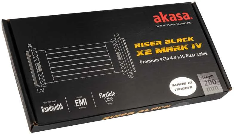 Akasa Riser Juodas X2 Mark IV, Premium PCIe 4.0 x16 stovo kabelis, 20 cm - juodas