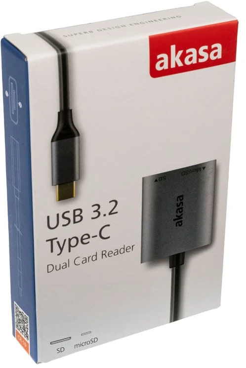 Akasa USB 3.2 Gen1 Type-C dvigubas kortelių skaitytuvas – sidabrinis