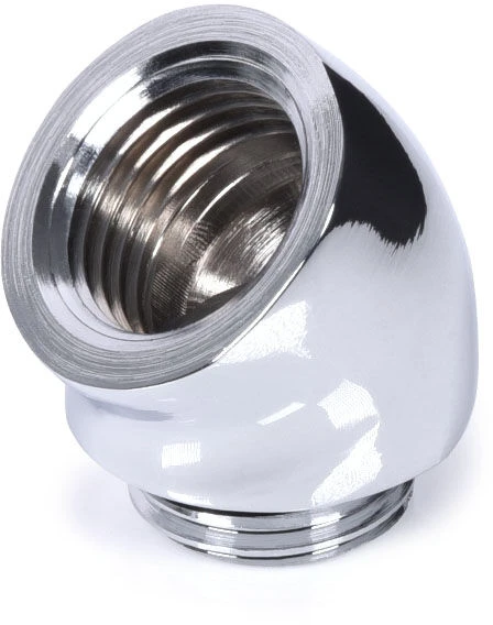 „Alphacool“ 45 laipsnių G1/4 colio kištukas į G1/4 colio kištuką, chromuotas