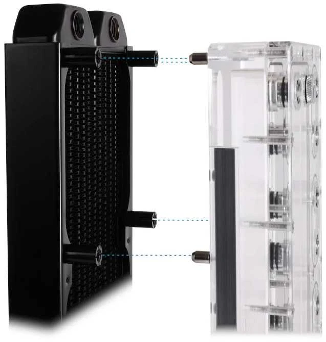 Alphacool Core tvirtinimo detalių montavimo pavyzdys
