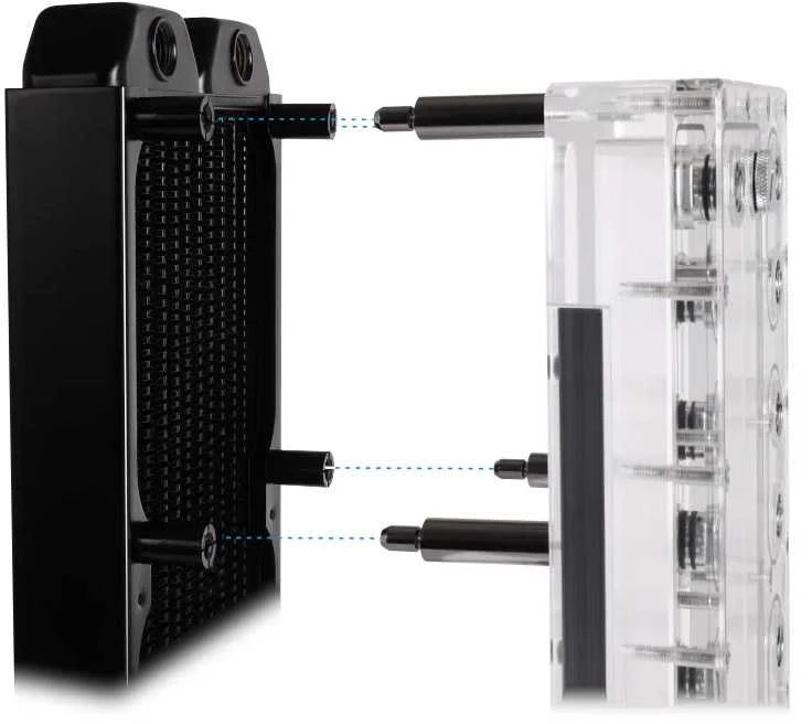 Alphacool Core tvirtinimo elementų montavimo schema