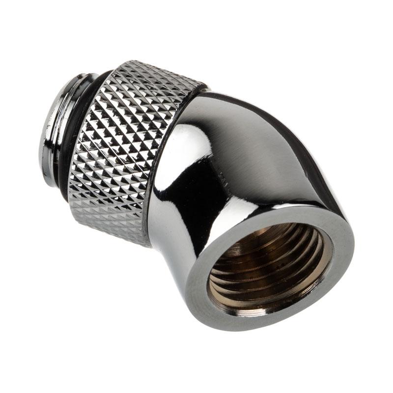 „Alphacool“ jungties adapteris, 45 laipsnių, G1/4 colio kištukas į G1/4 colio kištuką, pasukamas, chromuotas, su jungtimi