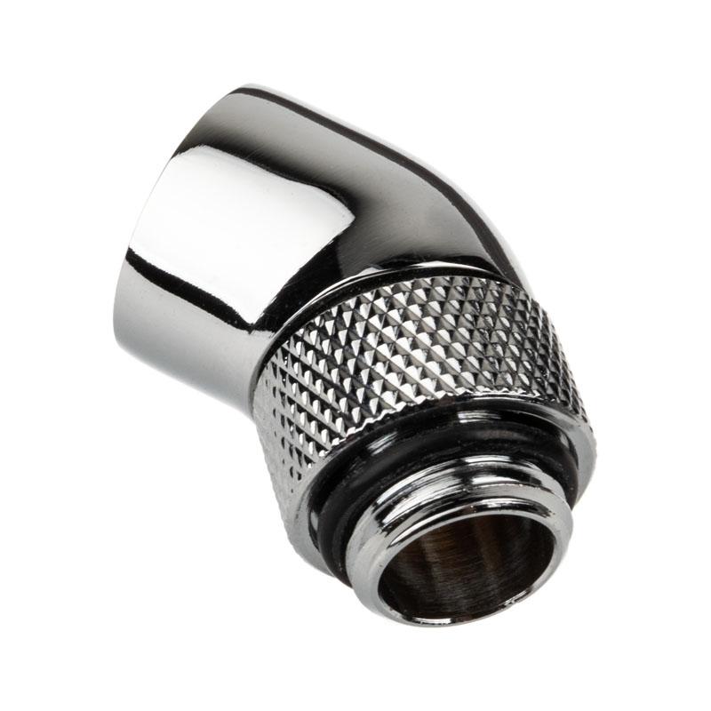 „Alphacool“ jungties adapteris, 45 laipsnių, G1/4 colio kištukas į G1/4 colio kištuką, pasukamas, chromuotas, su jungtimi