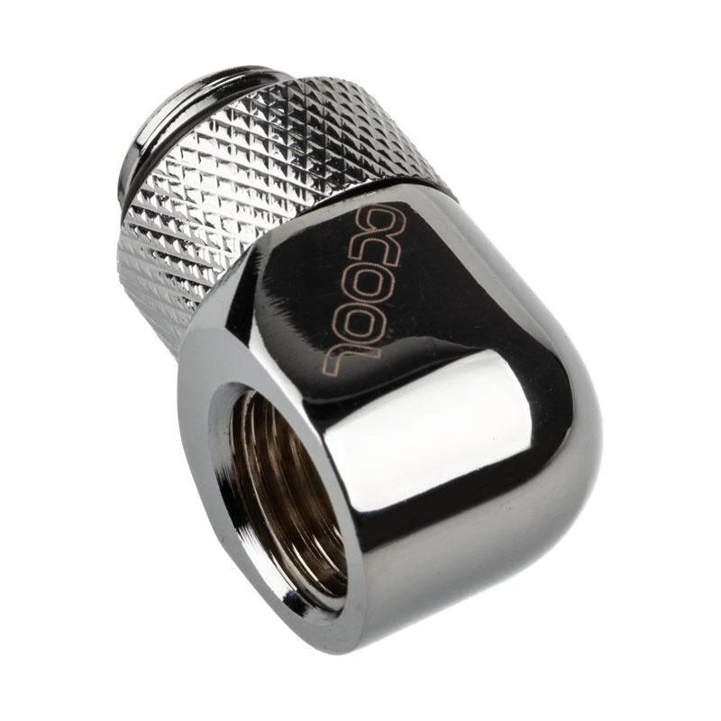„Alphacool“ jungties adapteris 90 laipsnių G1/4 colio kištukas į G1/4 colio kištuką, pasukamas, chromuotas, su jungtimi