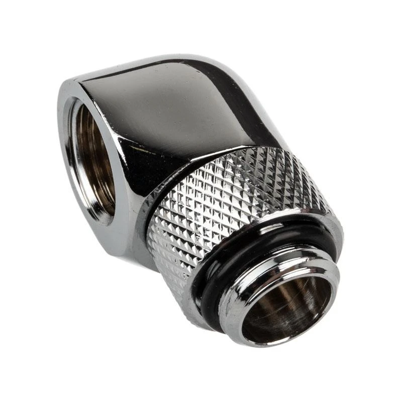 „Alphacool“ jungties adapteris 90 laipsnių G1/4 colio kištukas į G1/4 colio kištuką, pasukamas, chromuotas, su jungtimi