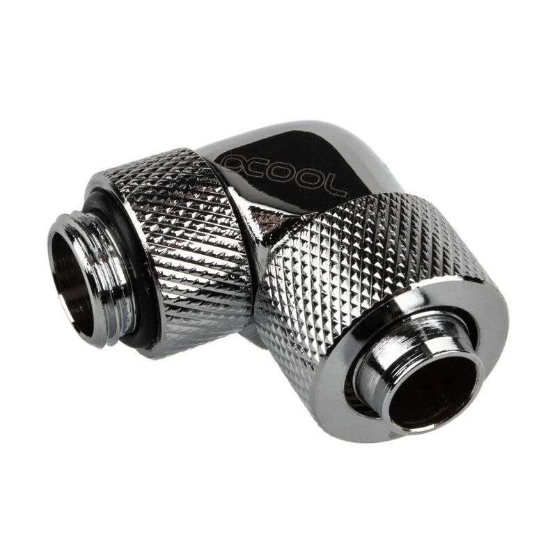 „Alphacool“ jungtis, 90 laipsnių, G1/4 colio, vidinis sriegis, 13/10 mm, pasukama, chromuota, sidabrinė