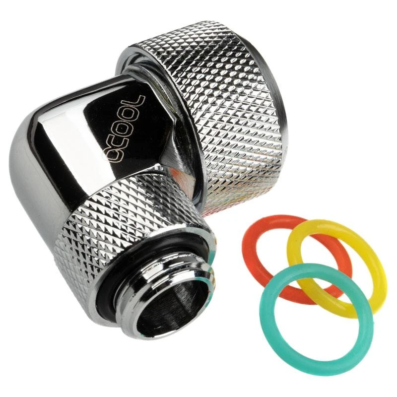 „Alphacool“ jungtis, 90 laipsnių, G1/4 colio, vidinis sriegis, 16 mm išorinis skersmuo, kietas vamzdis – pasukamas, blizgus, sidabrinis