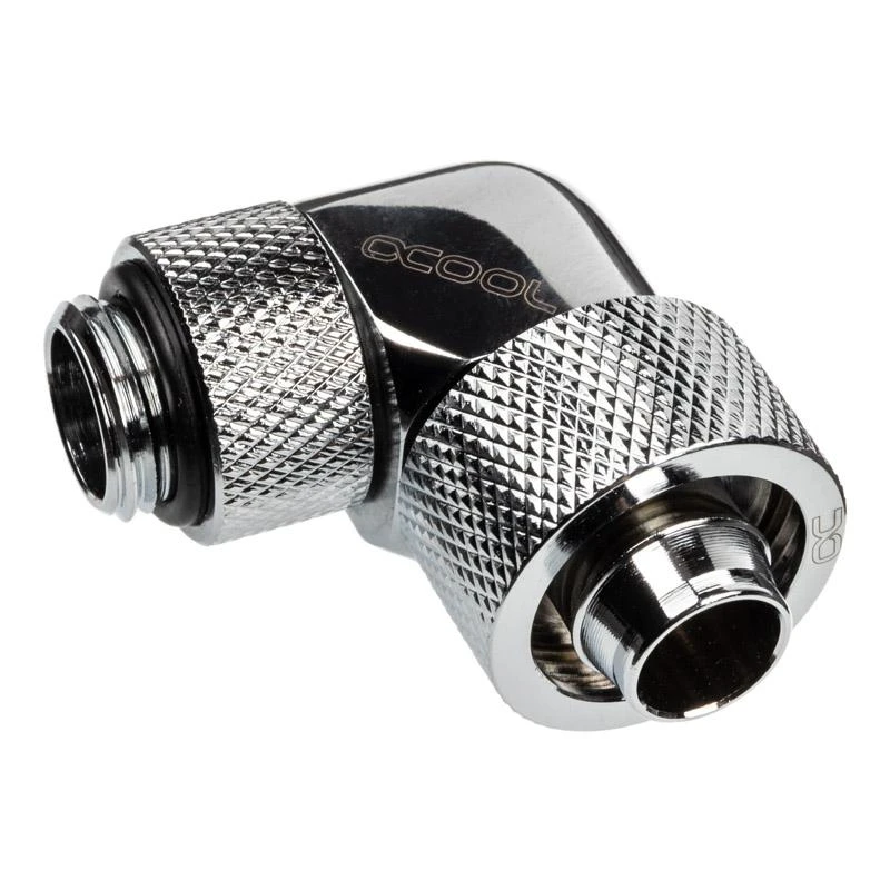 „Alphacool“ jungtis, 90 laipsnių, G1/4 colio, vidinis sriegis, 16/10 mm, pasukama, chromuota, sidabrinė