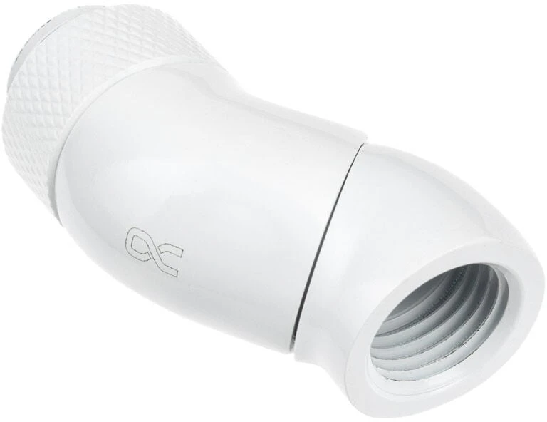 „Alphacool“ kampinis adapteris, 45 laipsnių, dvigubas, pasukamas, G1/4 lizdas į G1/4 lizdą, baltas