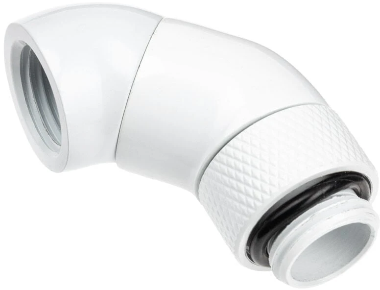 „Alphacool“ kampinis adapteris, 45 laipsnių, dvigubas, pasukamas, G1/4 lizdas į G1/4 lizdą, baltas