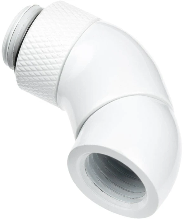 „Alphacool“ kampinis adapteris, 45 laipsnių, dvigubas, pasukamas, G1/4 lizdas į G1/4 lizdą, baltas