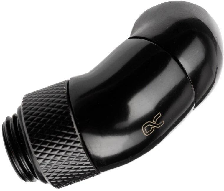 „Alphacool“ kampinis adapteris, 45 laipsnių dvigubai pasukamas, G1/4 lizdas į G1/4 lizdą, juodas