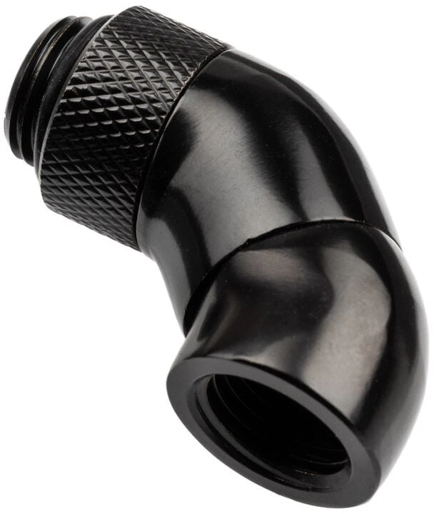 „Alphacool“ kampinis adapteris, 45 laipsnių dvigubai pasukamas, G1/4 lizdas į G1/4 lizdą, juodas