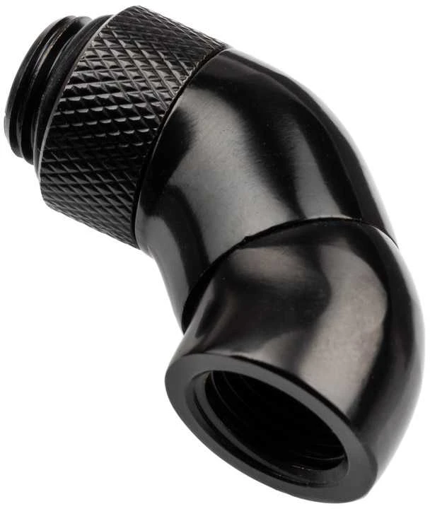 „Alphacool“ kampinis adapteris, 45 laipsnių dvigubai pasukamas, G1/4 lizdas į G1/4 lizdą, juodas