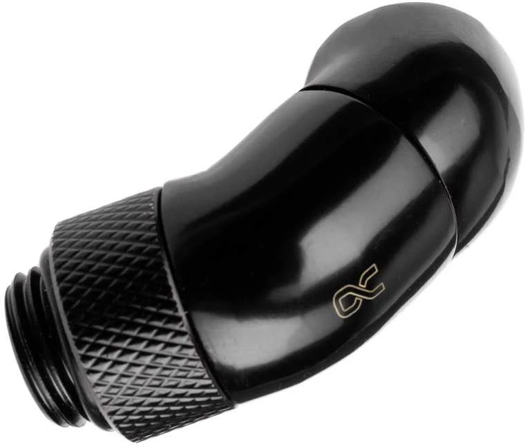 „Alphacool“ kampinis adapteris, 45 laipsnių dvigubai pasukamas, G1/4 lizdas į G1/4 lizdą, juodas