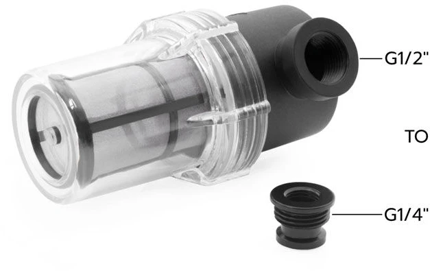 „Alphacool ES Big Inline“ dalelių filtras 2x G1/2" su adapteriu į G1/4"